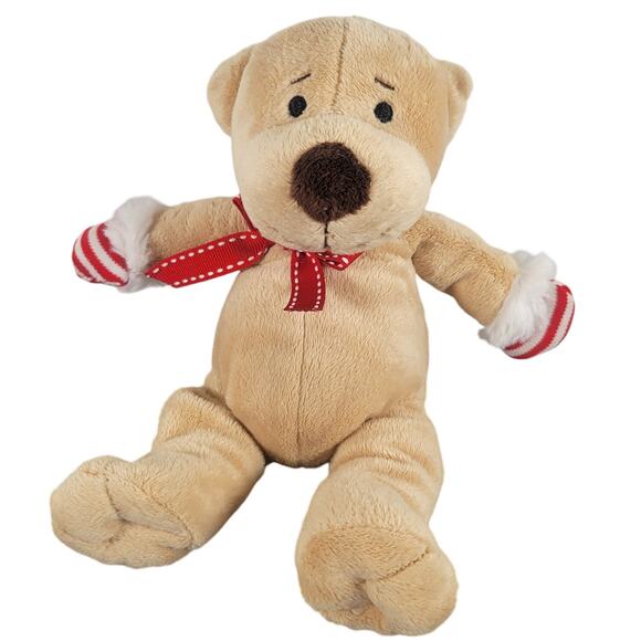 Plush Bear by Paris Presents 8" Tan Stuffed Animal Toy Red Bow Striped Mittens - Picture 1 of 7